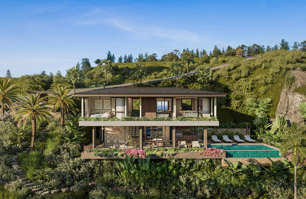 Frangipani villa — kitchen and outdoor dining by the pool