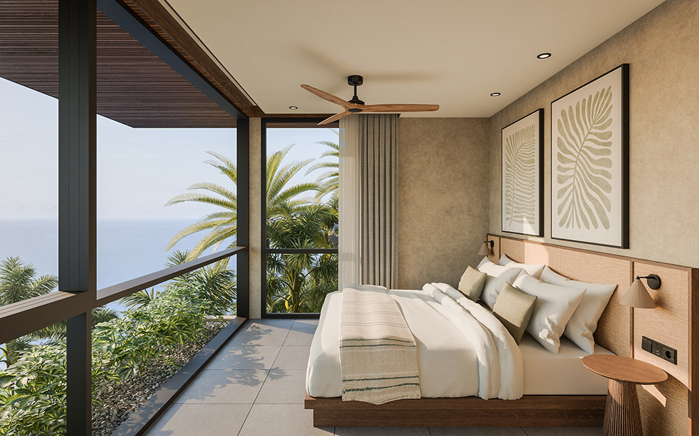 Frangipani villa — primary bedroom with palm view