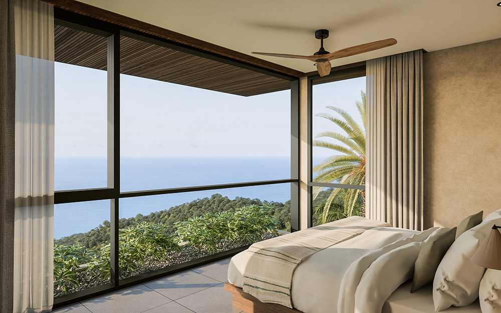 Frangipani villa — primary bedroom with palm view