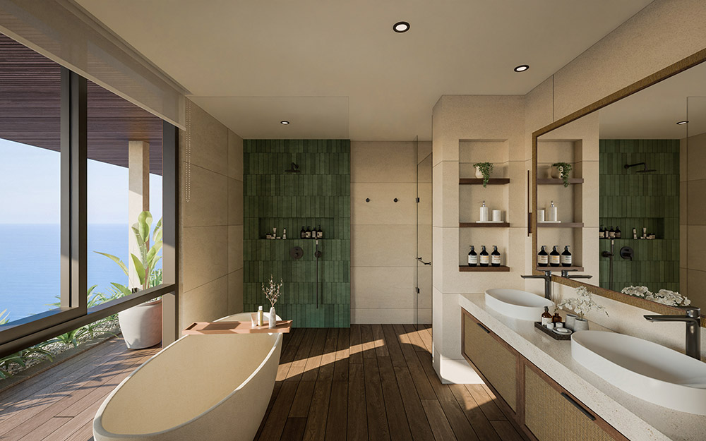 Frangipani villa — primary bedroom with palm view