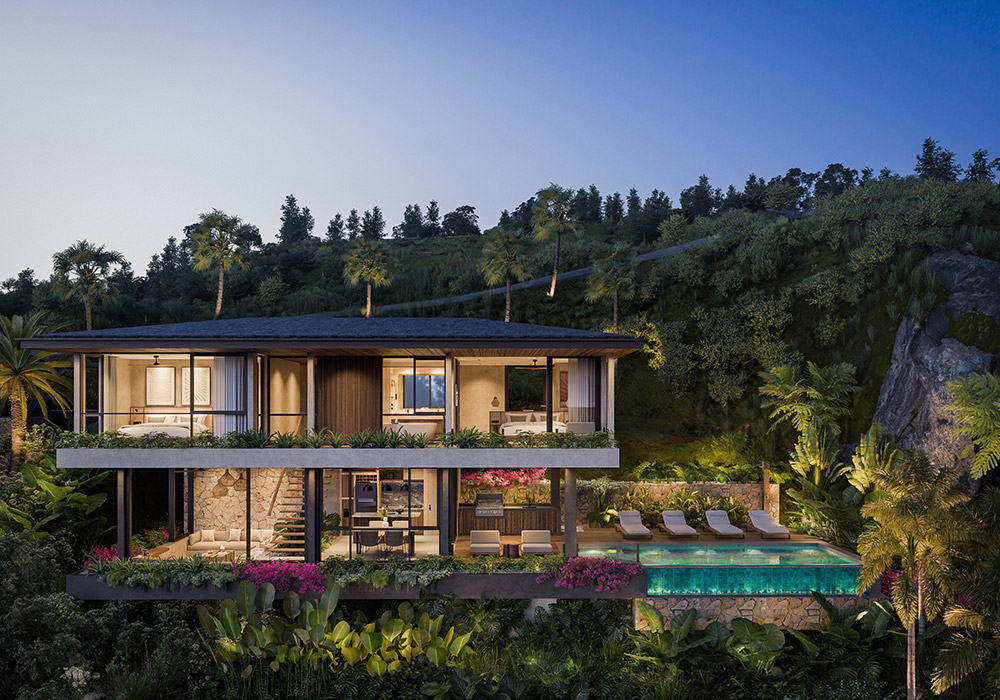 Frangipani villa — open living room with ocean view