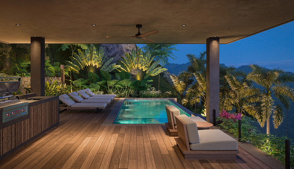 Frangipani villa — primary bedroom with palm view