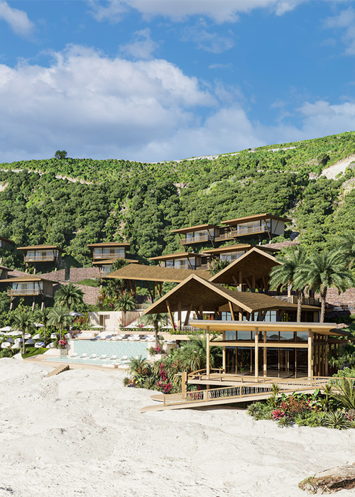 Samara Beach aerial — villas, pool and beach