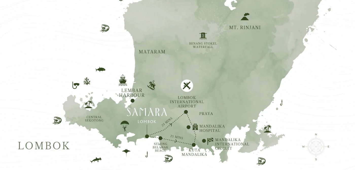 Lombok detail map — Samara's proximity to airport, Mandalika and Mt Rinjani